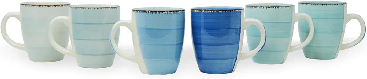 Servizio da caffè in porcellana, set da 6 tazzine da caffè in gres porcellanato, 250 ml, con manico, colore: blu