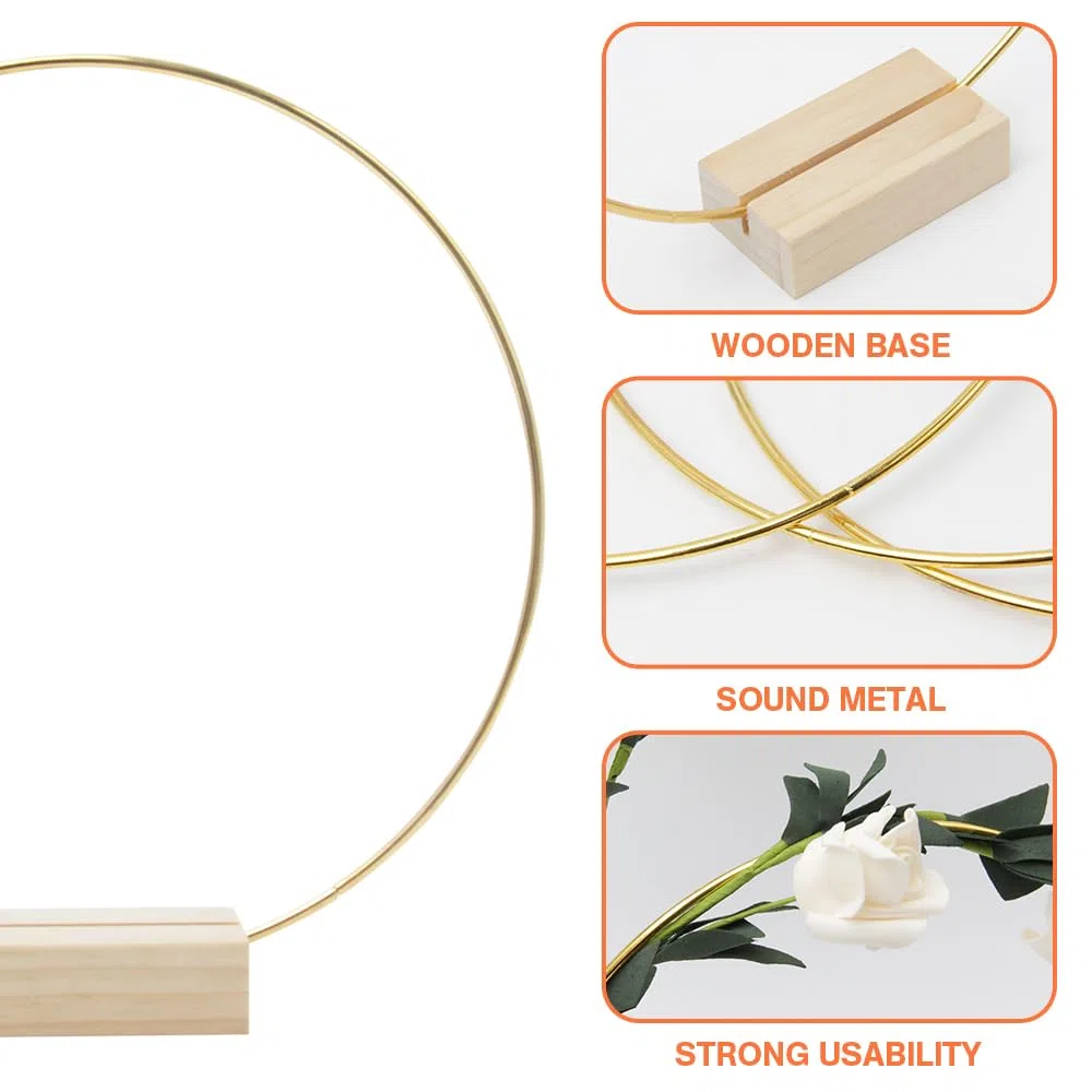 Pilikoll 3pcs 20cm Dorati Centrotavola a Cerchio Floreale in Metallo con Base in Legno Cerchio Metallo con Base in Legno Cerchi floreali Oro Anelli metallo floreales per Bricolage DIY, Macrame