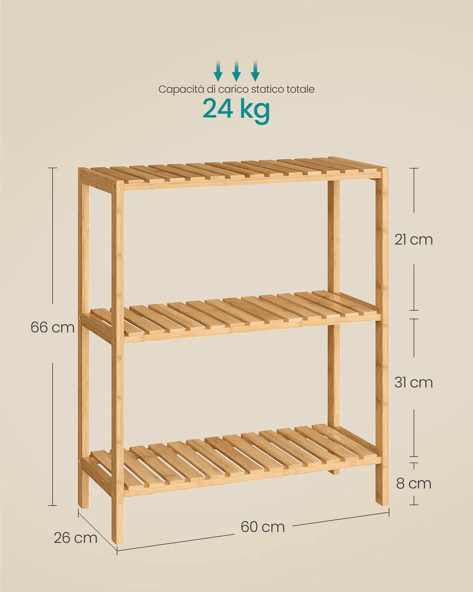 SONGMICS Scaffale Portaoggetti in Bambù, Mensola a 3 Ripiani, Multiuso, per Ingresso, Bagno, Soggiorno, Balcone, Cucina, 26 x 60 x 66 cm, Beige Naturale BCB33Y