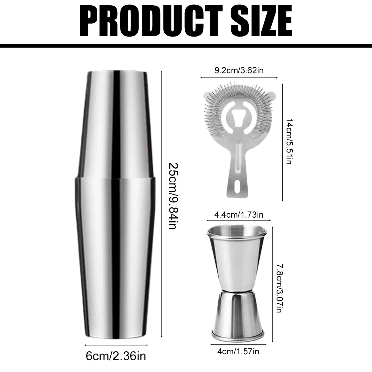 Boston - Set shaker da cocktail da 600 ml e 450 ml, in acciaio inox, con colino e misurino, in metallo, accessori da bar di alta qualità, shaker professionale Boston per Bartending