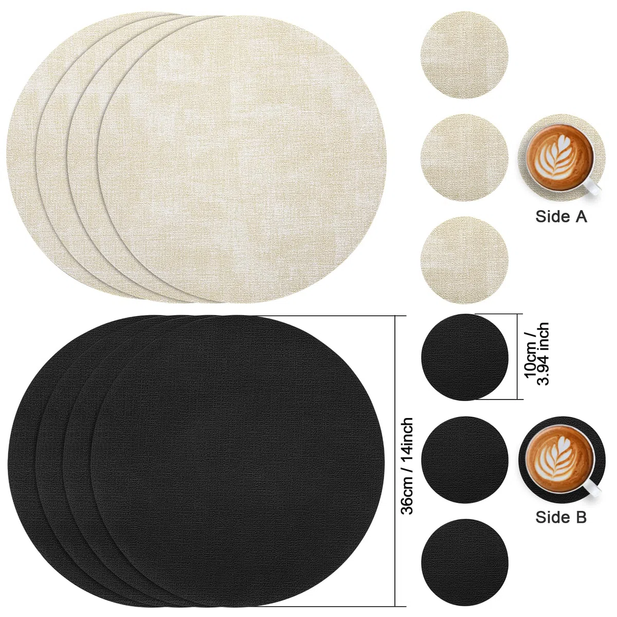 Myir JUN Tovagliette Americane e Sottobicchieri Set di 6, Tovagliette Rotonde 36 cm Tovagliette Colazione Plastica in Pelle Tovaglietta Americana Impermeabile Lavabili (Crema Nero, Set di 6)