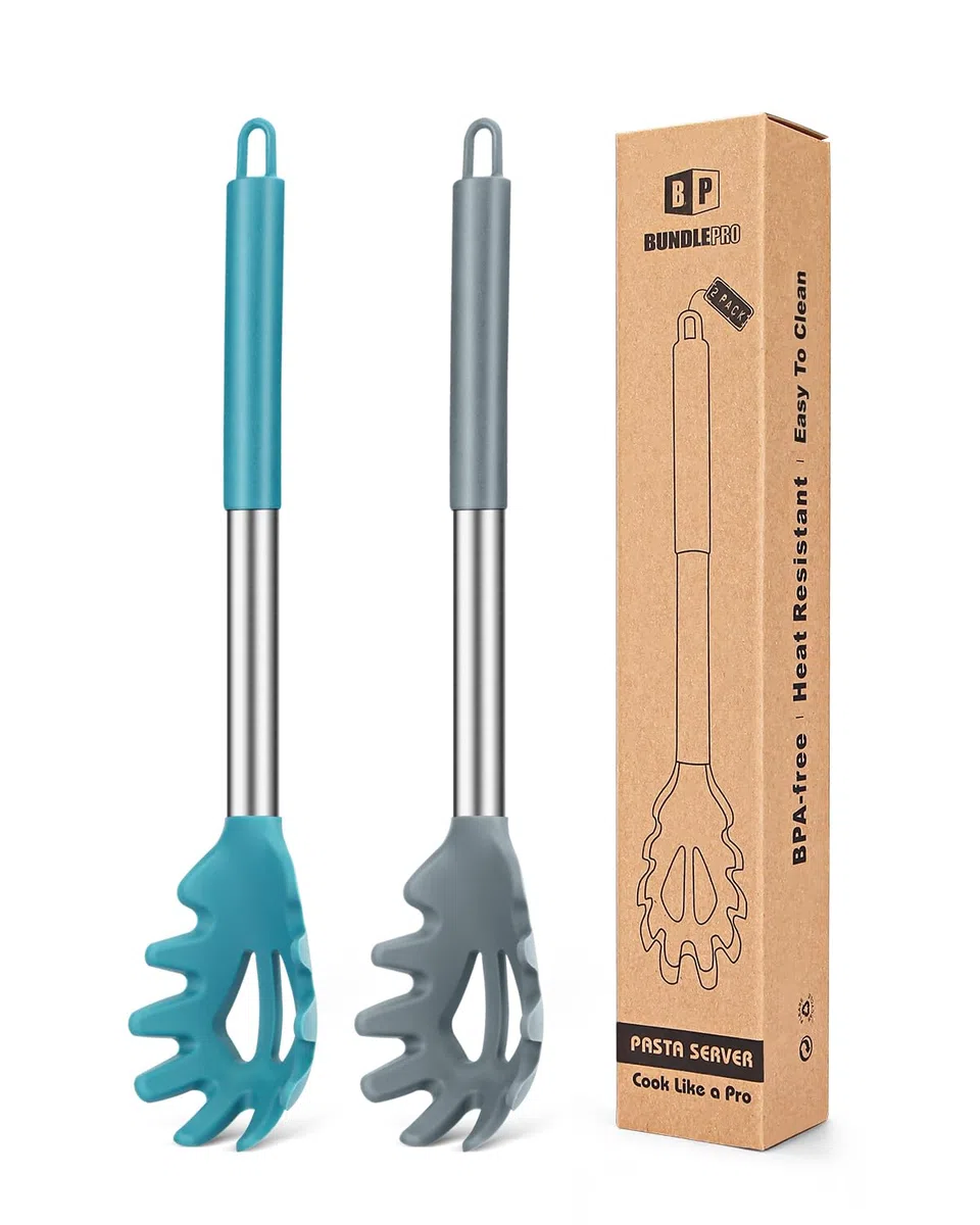 Confezione da 2 forchette per pasta in silicone, resistenti al calore, senza BPA, ottimi strumenti di cottura (grigio-blu)