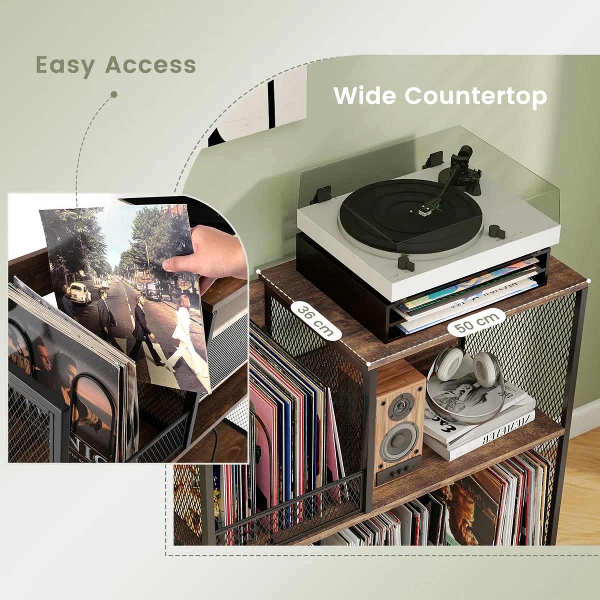 KOMFOTTEU Supporto per Giradischi in Vinile Fino a 300 Album, Espositore per Dischi a 3 Ripiani con 3 Divisori Rimovibili, Mobile Giradischi in Legno e Metallo per Soggiorno, Camera da Letto (Marrone)
