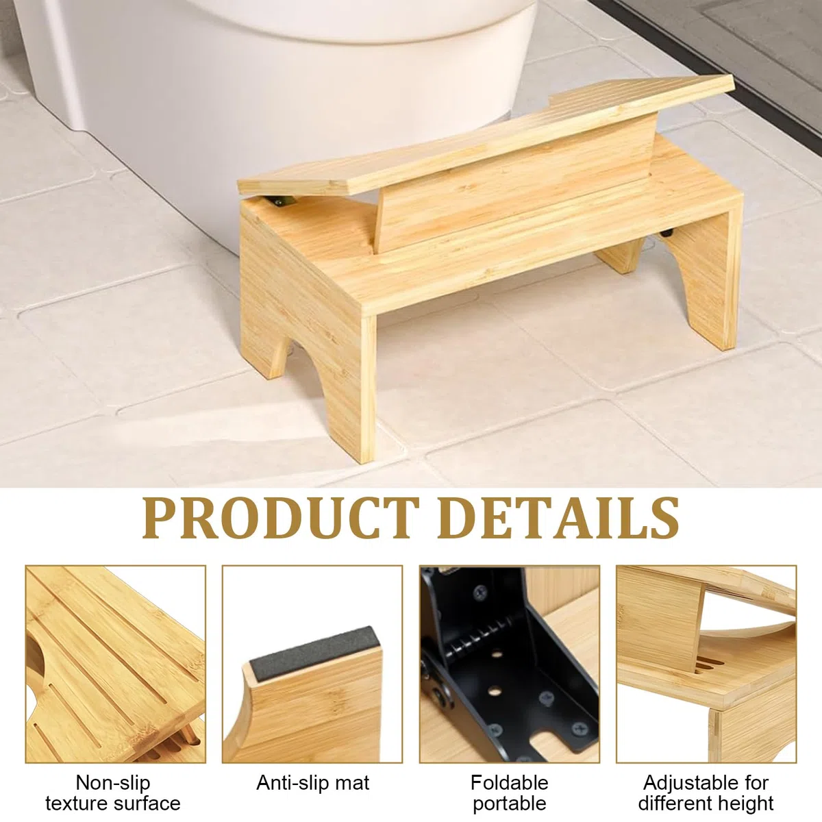 Sgabello da toilette pieghevole in bambù, 39,5 x 21,5 x 16,5 cm, in bambù, per adulti, con 4 velocità di regolazione dell'inclinazione, antiscivolo, pieghevole, per adulti e bambini