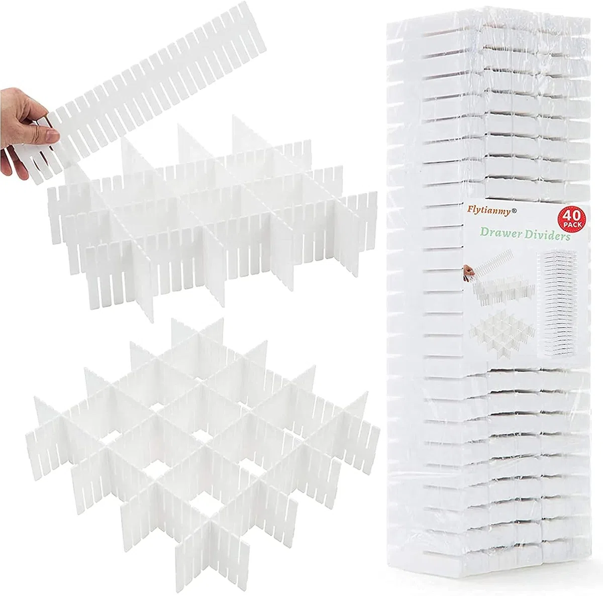40 Pezzi Separatori Cassetti Organizzatore Cassetto Regolabili per Biancheria Intima, Calze, Trucco, Forniture per Ufficio, Bianco