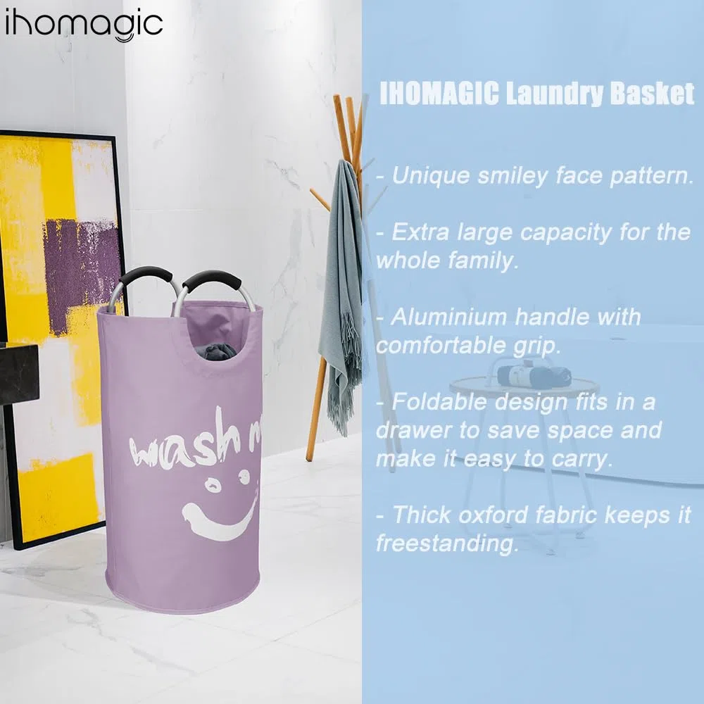 95L Grande Ceste per la Biancheria in tessuto, Cesto Portabiancheria Pieghevole, Cesta del Bucato Portatile Raggruppabili Sacchi da Biancheria per Camera da letto, Bureau, Smiley-Viola