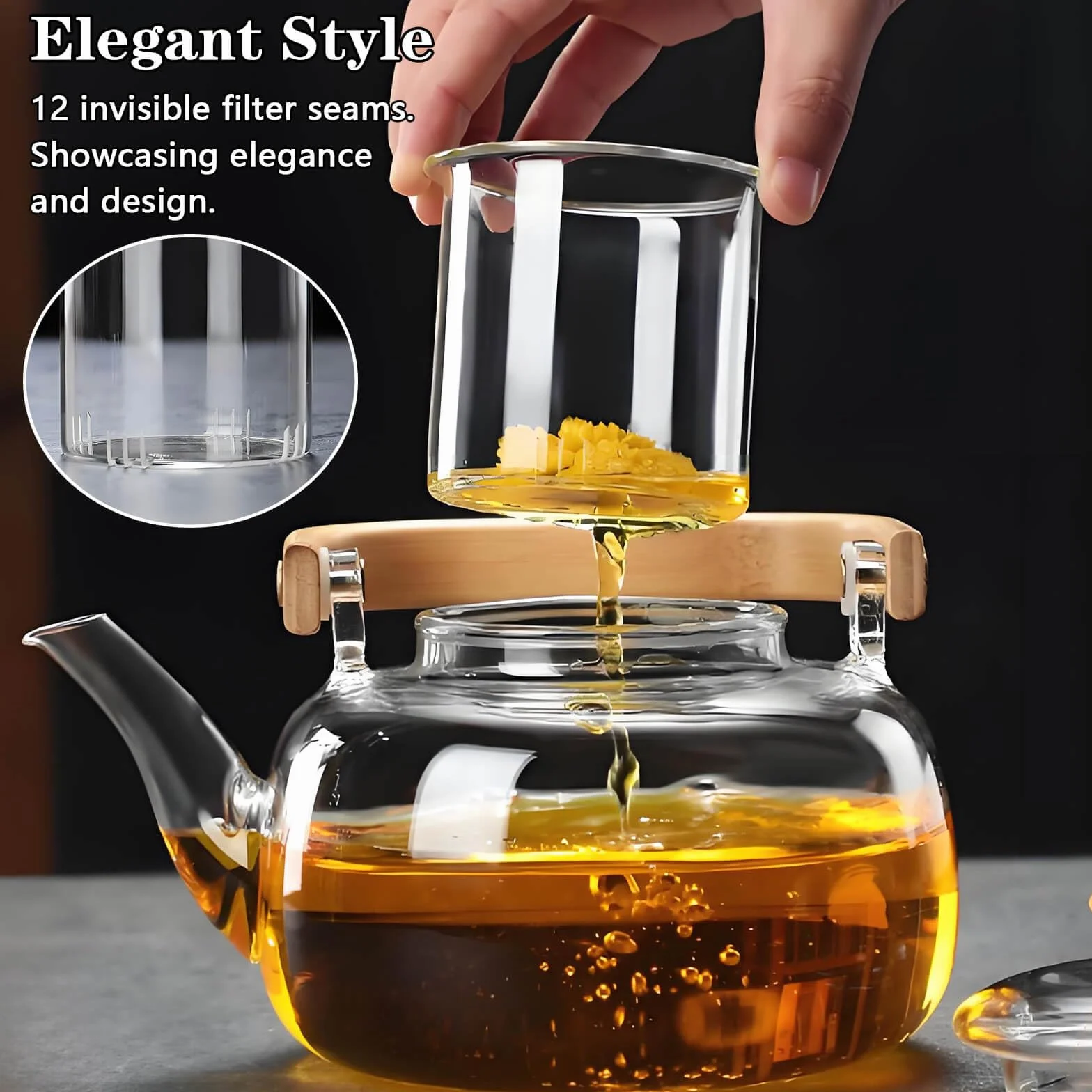 DxxD Teiera in Vetro Resistente 1000ml con Infusore Integrato Removibile, Coperchio di Vetro, Compatibile con Fornelli per Tè, Tisane, Caffè, Sfuso, Senza Gocce