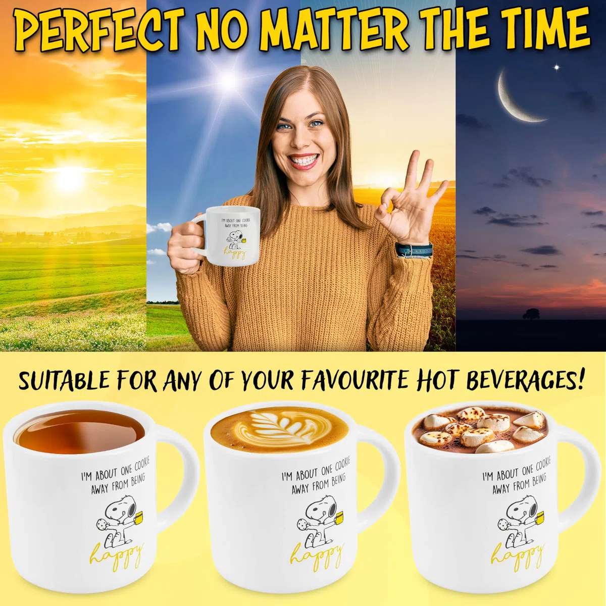 Peanuts Snoopy Tazza Caffe o Tazze Cappuccino, Carina Tazza in Ceramica per Donne Adolescenti, Regalo per Ufficio Donna (Caffè Bianco/Giallo 400ml)
