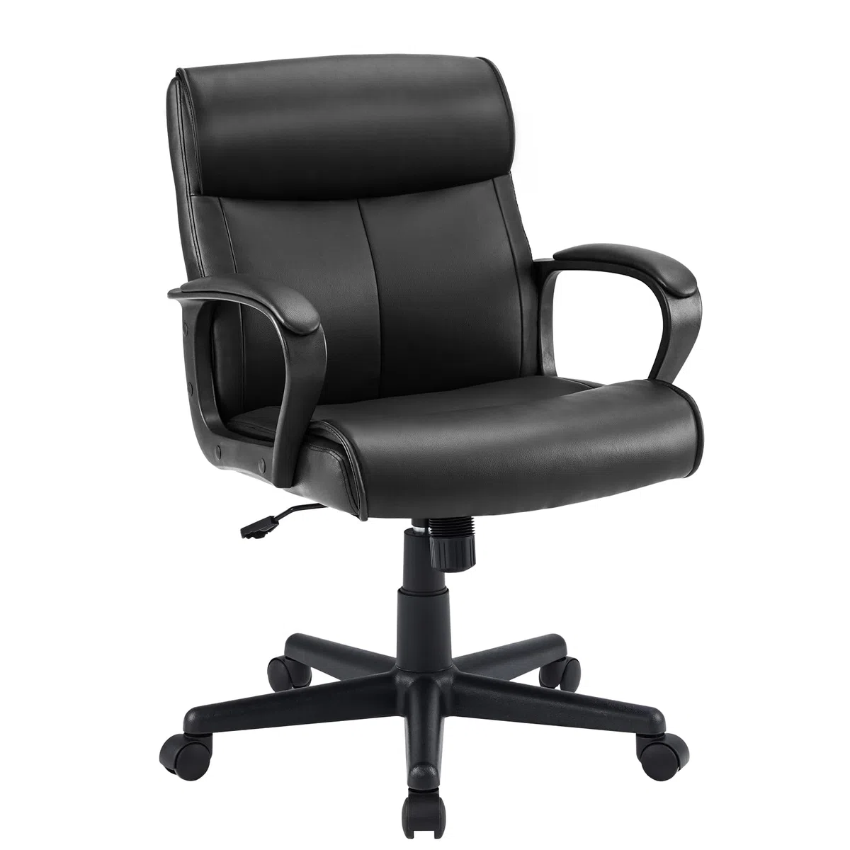 Sweetcrispy Sedia da ufficio con braccioli imbottiti, supporto lombare e altezza regolabile e angolo di inclinazione, in pelle PU, girevole, colore nero moderno