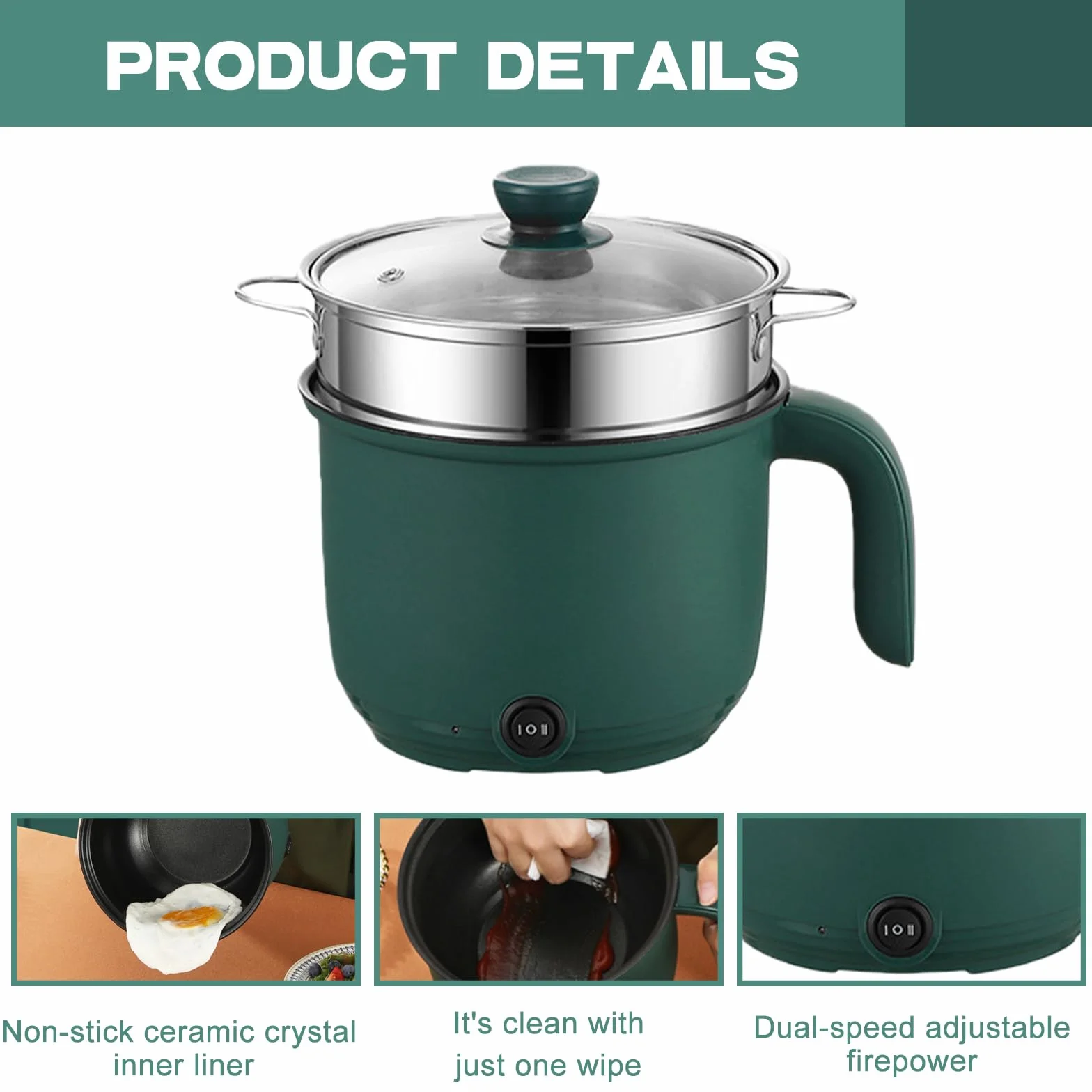 Hot Pot elettrico con piroscafo, mini portatile antiaderente multicooker, pentola elettrica multiuso padella elettrica elettrica elettrica per bistecca/pasta/zuppa/uovo/avena