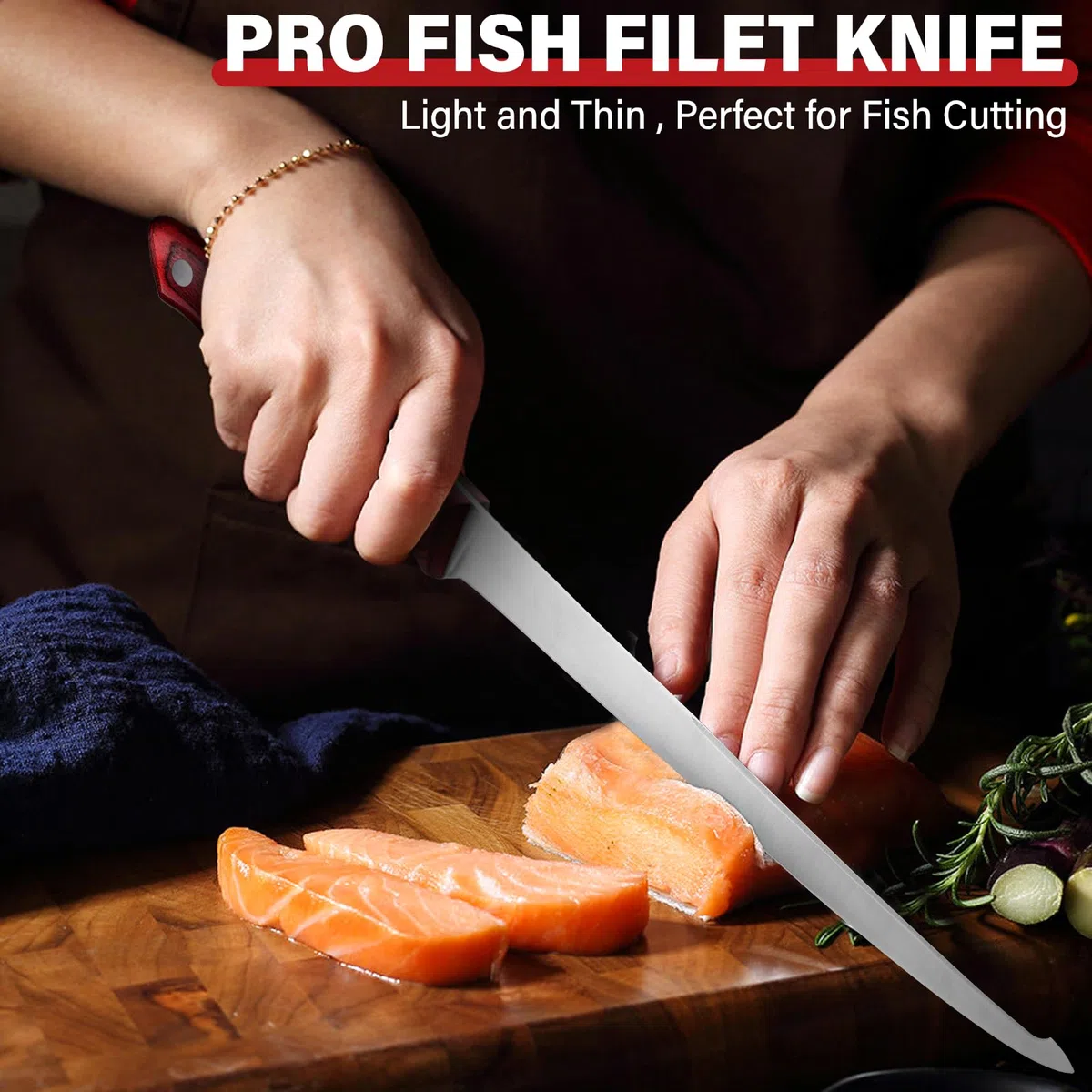 TAN REN Coltello per Sfilettare Pesce, 24.0 CM Coltello da Disosso Professionale in Acciaio Inossidabile, Bordo Disossare Pesce e Carne, Coltelli da Cucina Professionali e Domestica,Ristoranti