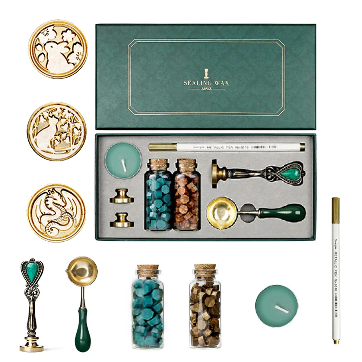 Joyeee - Set di timbri per cera con confezione regalo, con sigillo di cera con candele, cucchiaio per fusione, timbro classico e penna a colori metallizzati per matrimoni, biglietti, inviti #49