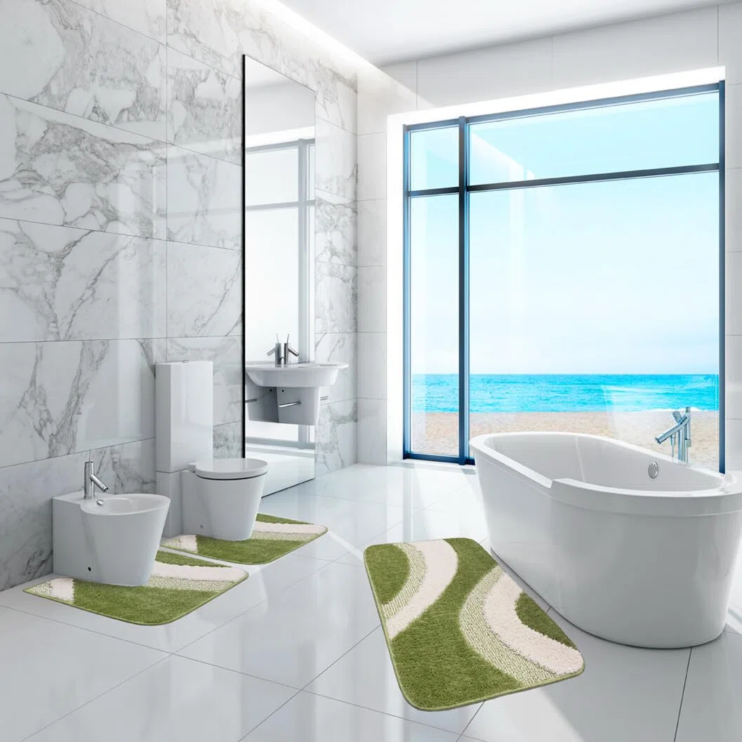 emmevi Tappeto Bagno Moderno Parure Set 3 Pezzi Morbido Soffice Shaggy Antiscivolo Lavabile Verde