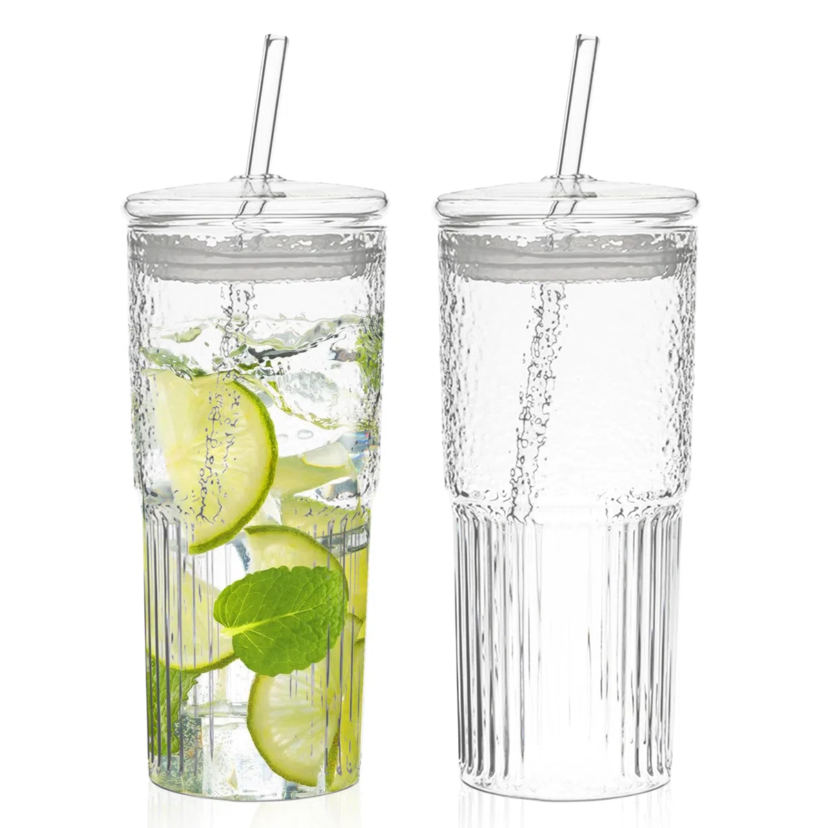 PORFOYO Tazze Di Vetro Con Coperchi E Cannucce,2 Pezzi 600ml Barattolo Di Vetro Con Coperchio E Cannuccia,Bicchiere Vetro Con Cannuccia,Bicchieri Lattina Con Coperchi Per Birra,Soda Cocktail