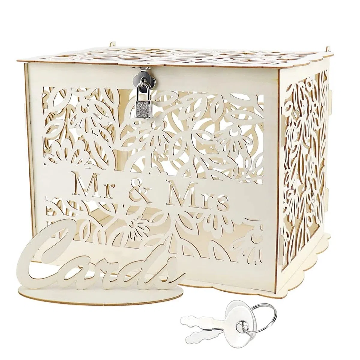 Scatola di Carte di Nozze in Legno Grande 30x23x23cm, Contenitore per Biglietti, Porta Buste per Ricevimento Matrimonio Anniversario, con Serratura - Mr & Mrs