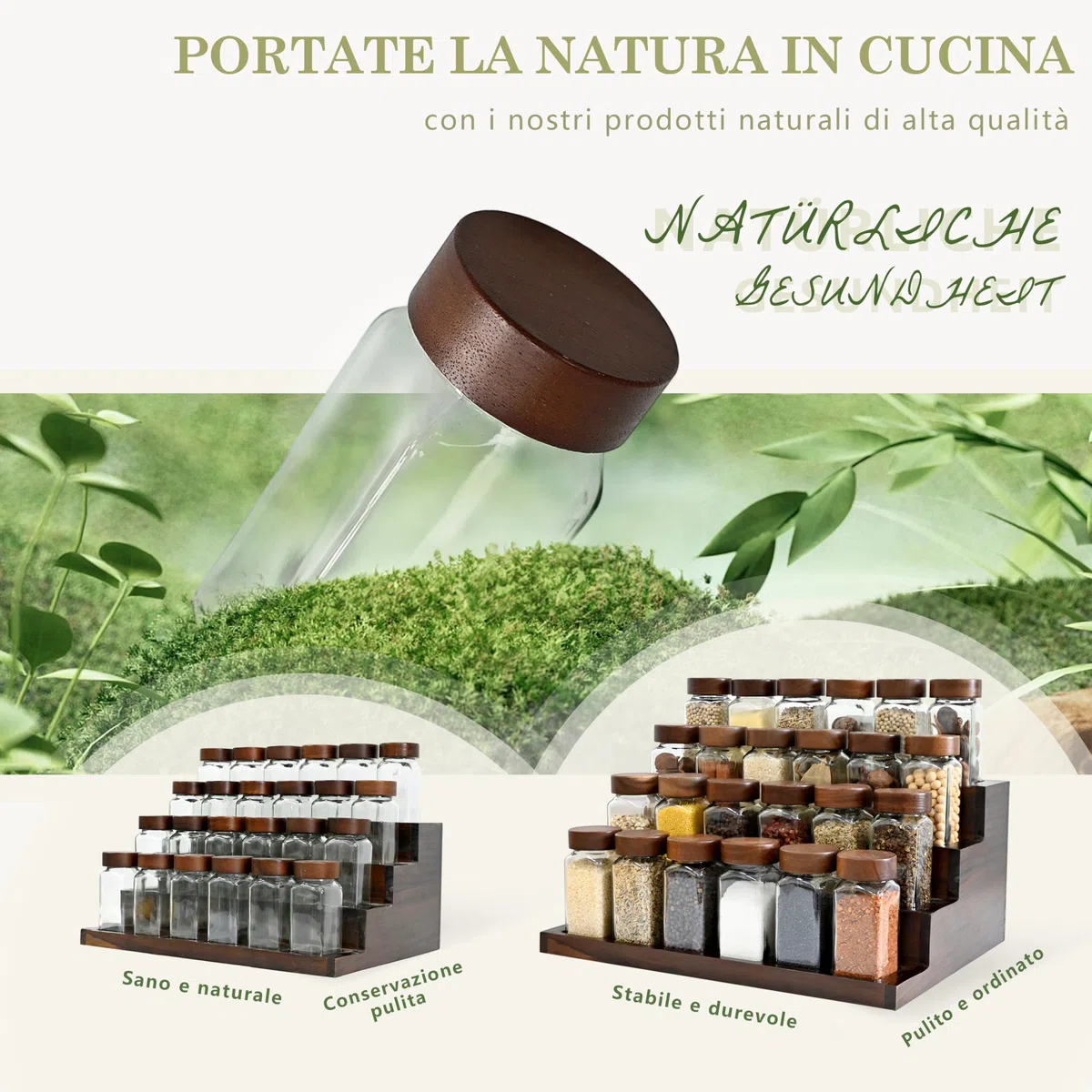 SAEIV 24 Barattoli Legno di Acacia Vetro Borosilicato Non Bruci Più la Pasta, Porta Spezie per Cucina Salva Spazio, Portaspezie Salvaspazio Piano e Cassetto con Imbuto Inox e 120 Etichettec