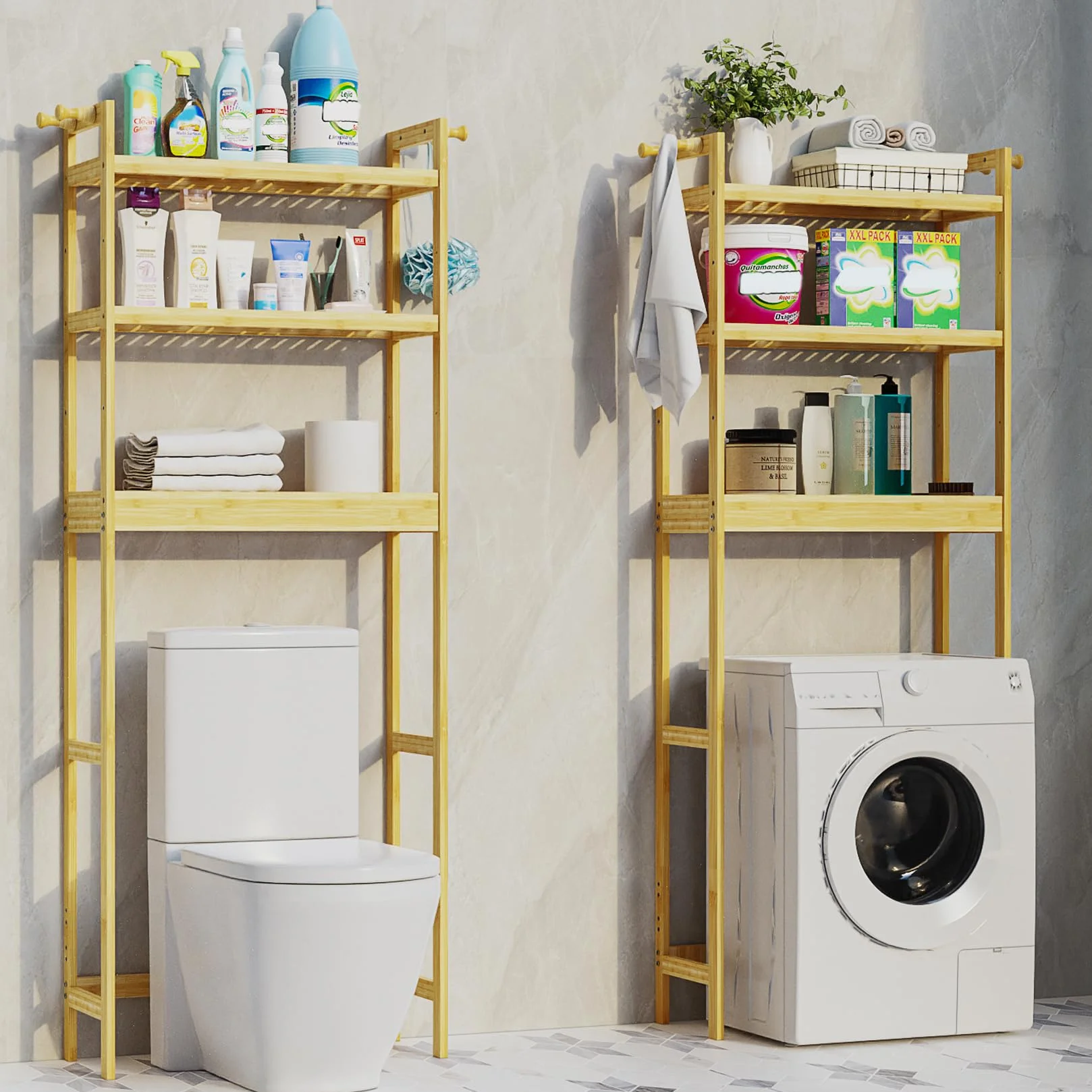 unho Scaffale Mensola per Lavatrice: Bagno Mobile Sopra WC in Bambù Portaoggetti Ripiani Regolabili Salvaspazio Scaffalatura per Lavatrice 63x26x170 cm