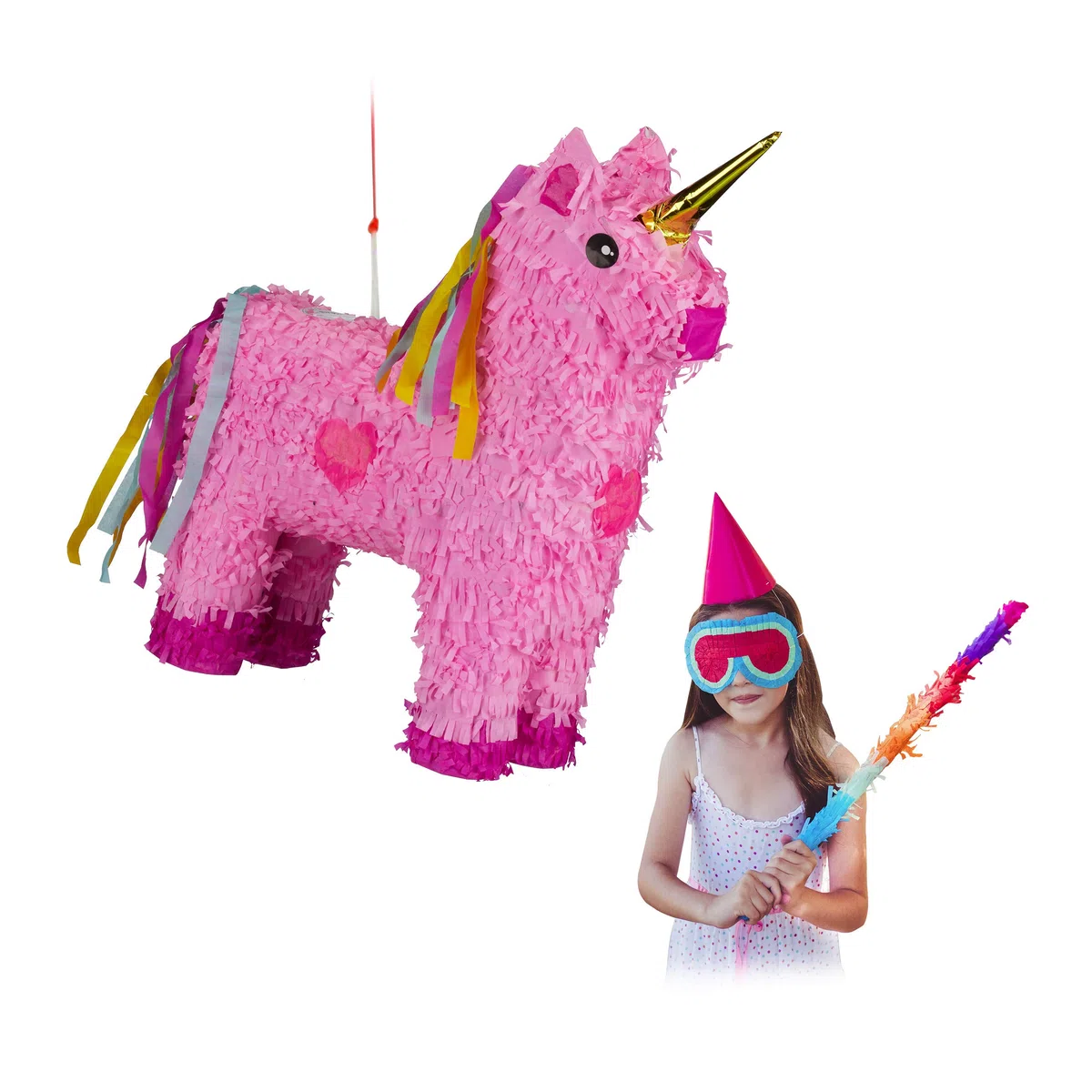Relaxdays Pignatta Unicorno da Riempire, per Feste di Compleanno Bambini, HxLxP: 47 x 43 x 13 cm, Rosa-Fucsia