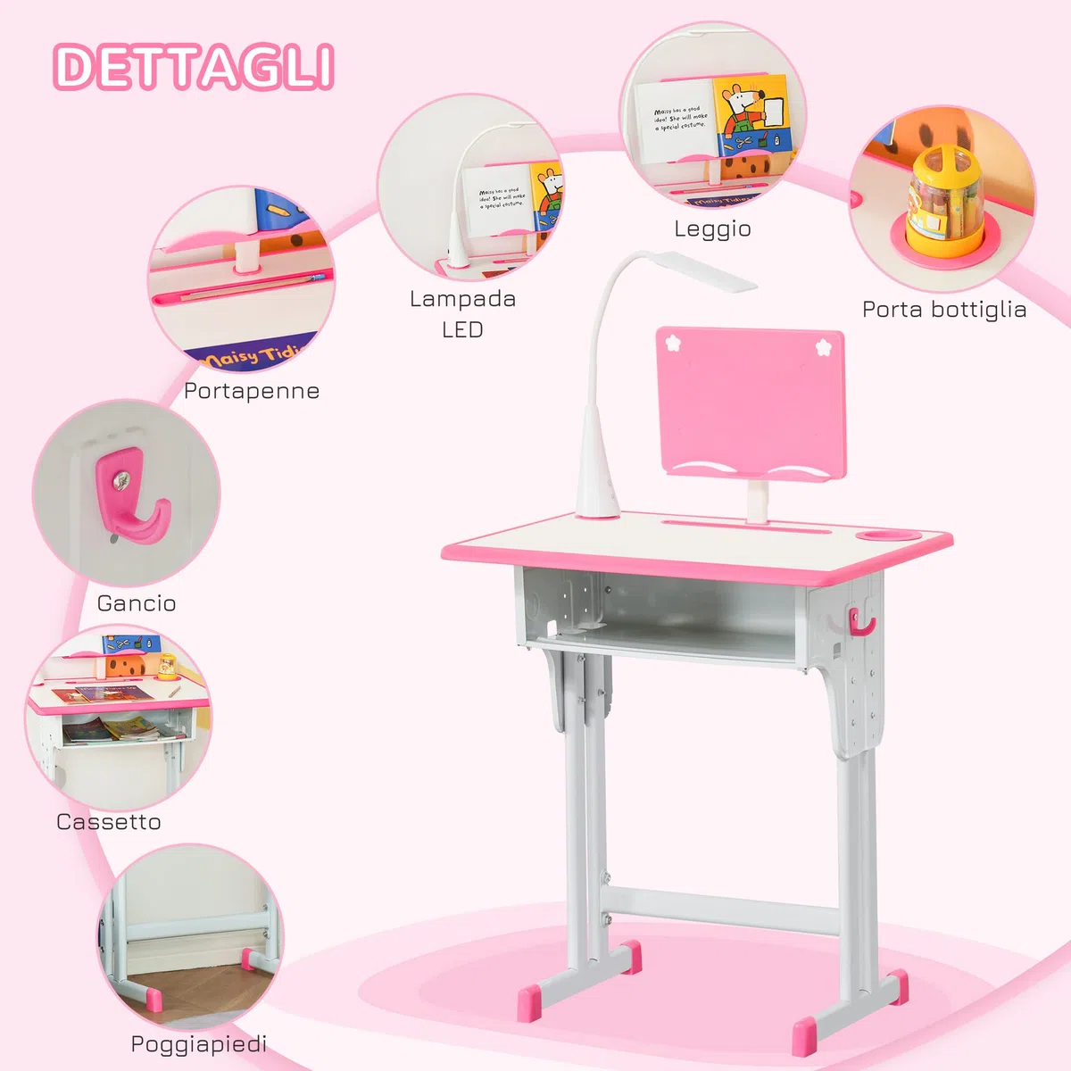 HOMCOM Banchetto per Bambini 6-12 Anni ad Altezza Regolabile con Lampada LED, Leggio e Mensola, Set Banco con Sedia per Bambini in PP, Acciaio e MDF, Rosa