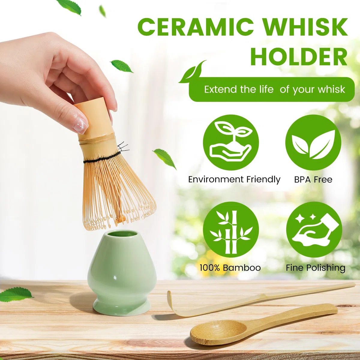 Kit da Cerimonia giapponese Matcha 4 Pezzi, Frusta Matcha Verde in Resinoso, Cucchiaio in Bambù, Paletta in Bambù, Porta Frullino, Matcha Set per la bevanda