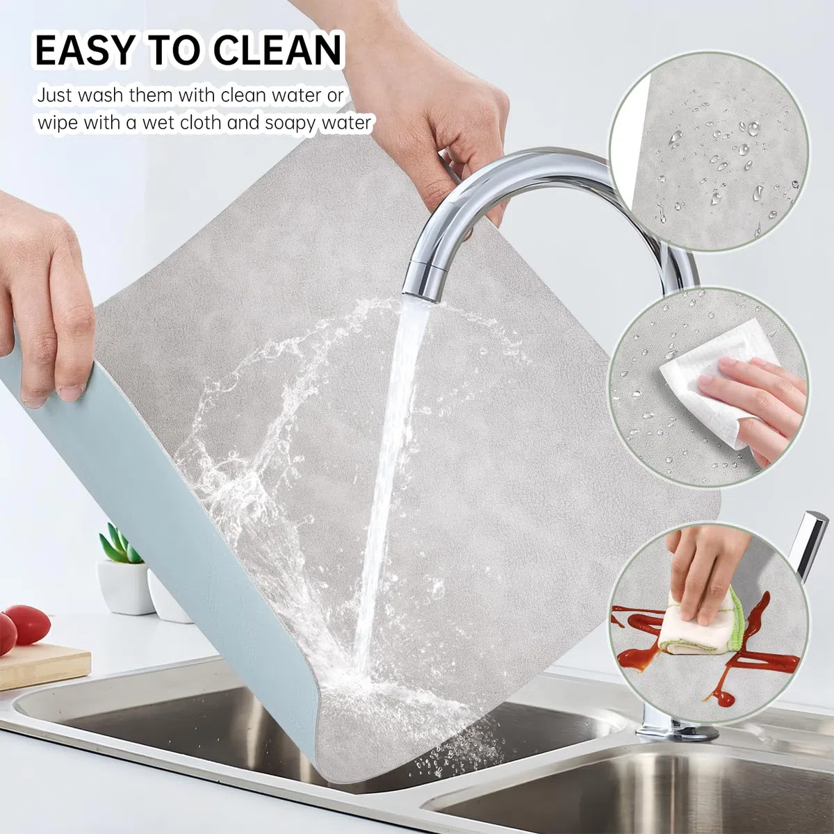 Set da tavolo lavabile, 4 tovagliette e sottobicchieri, set da tavolo in pelle double face, resistente al calore, antiscivolo, tovagliette in plastica (grigio chiaro blu chiaro)