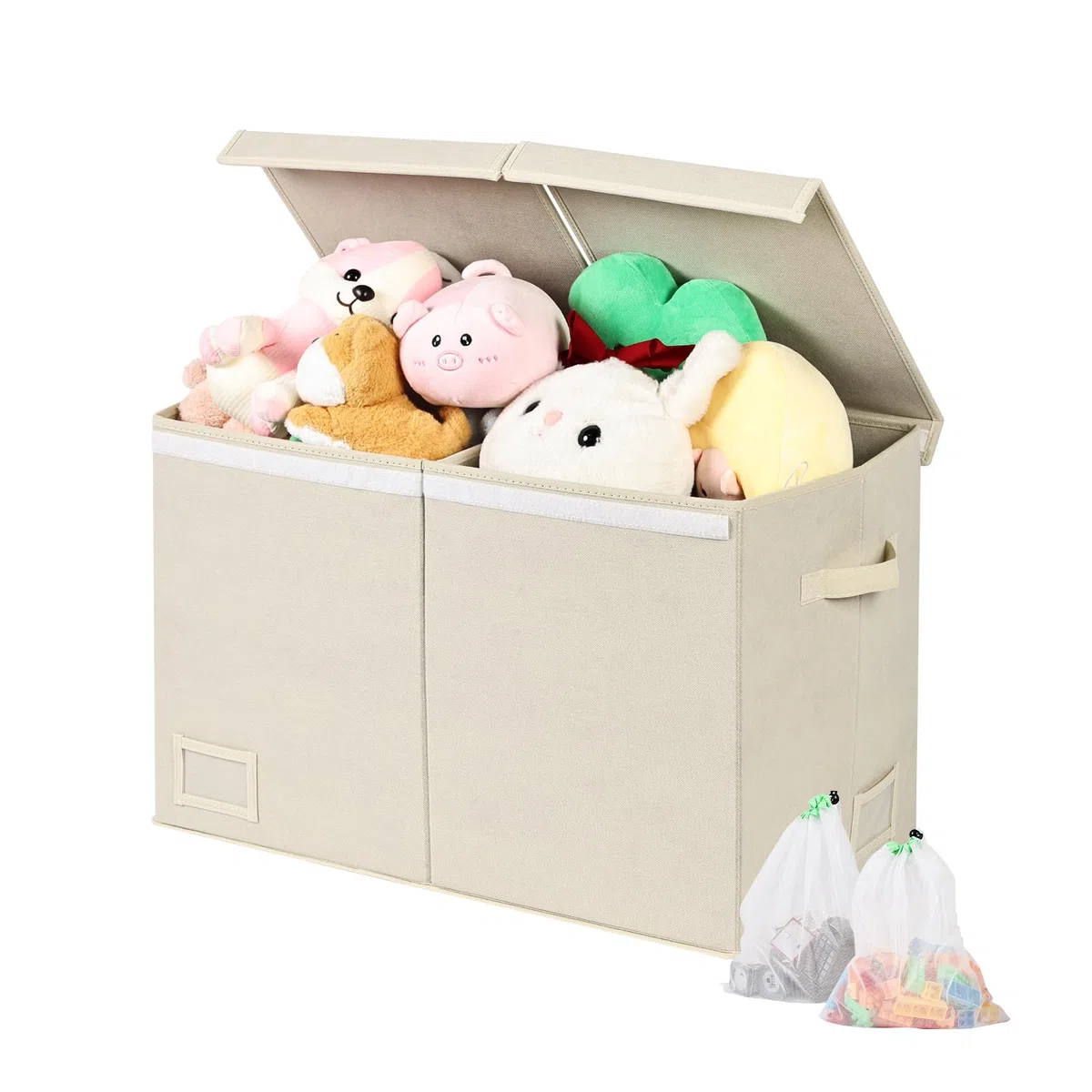 Scatola di Giocattoli Large con Coperchio Ribalta per Bambini | Scatole Porta Giochi | Portagiochi Bambini Contenitori | Pieghevole con Maniglie (Beige 2 Scomparti, 72 L)
