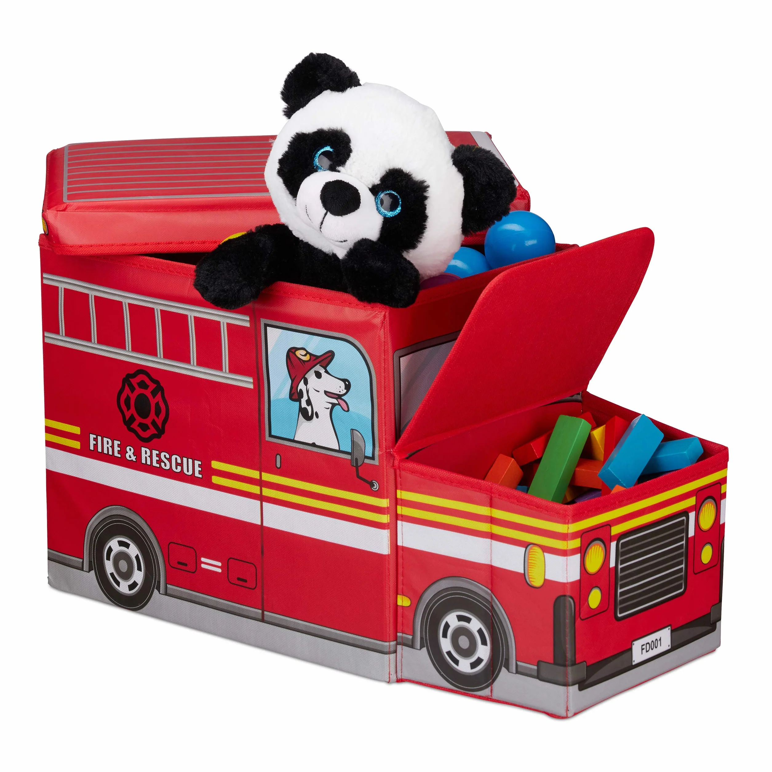Relaxdays Sgabello Bambini Contenitore Giocattoli con Scomparto, Pieghevole, Camioncino Vigili del Fuoco 50 l Rosso