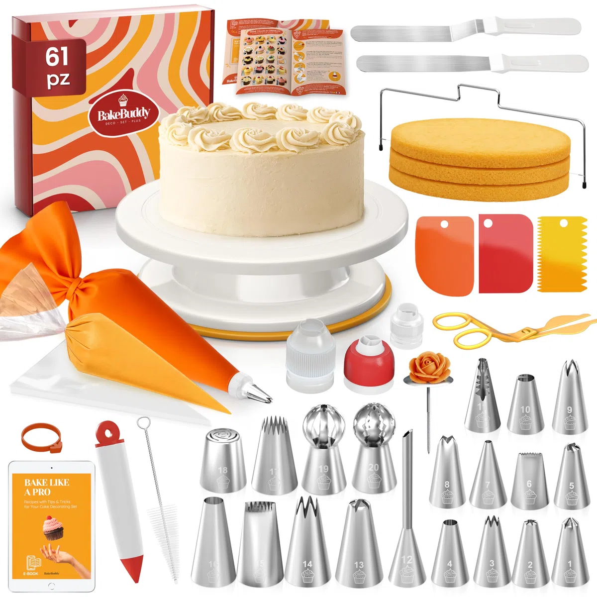 Set di Accessori per Torte (61 Pezzi) – Piatto Girevole per Torte con Beccucci, Sac à Poche, Spatole, Palette e Altri Accessori da Pasticceria per Principianti e Professionisti