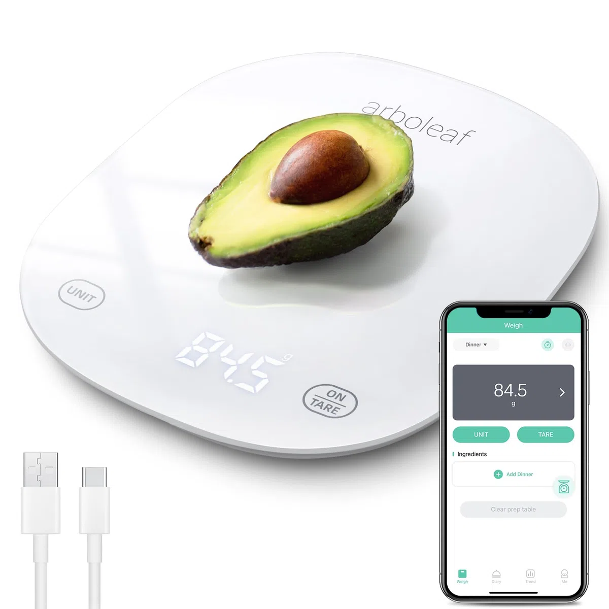 Bilancia da Cucina Digitale arboleaf Bilancia Cucina Bilancia da Cucina con Calcolatrice Nutrizionale, Funzione Tara, Ricaricabile USB, 10 kg/22 lb