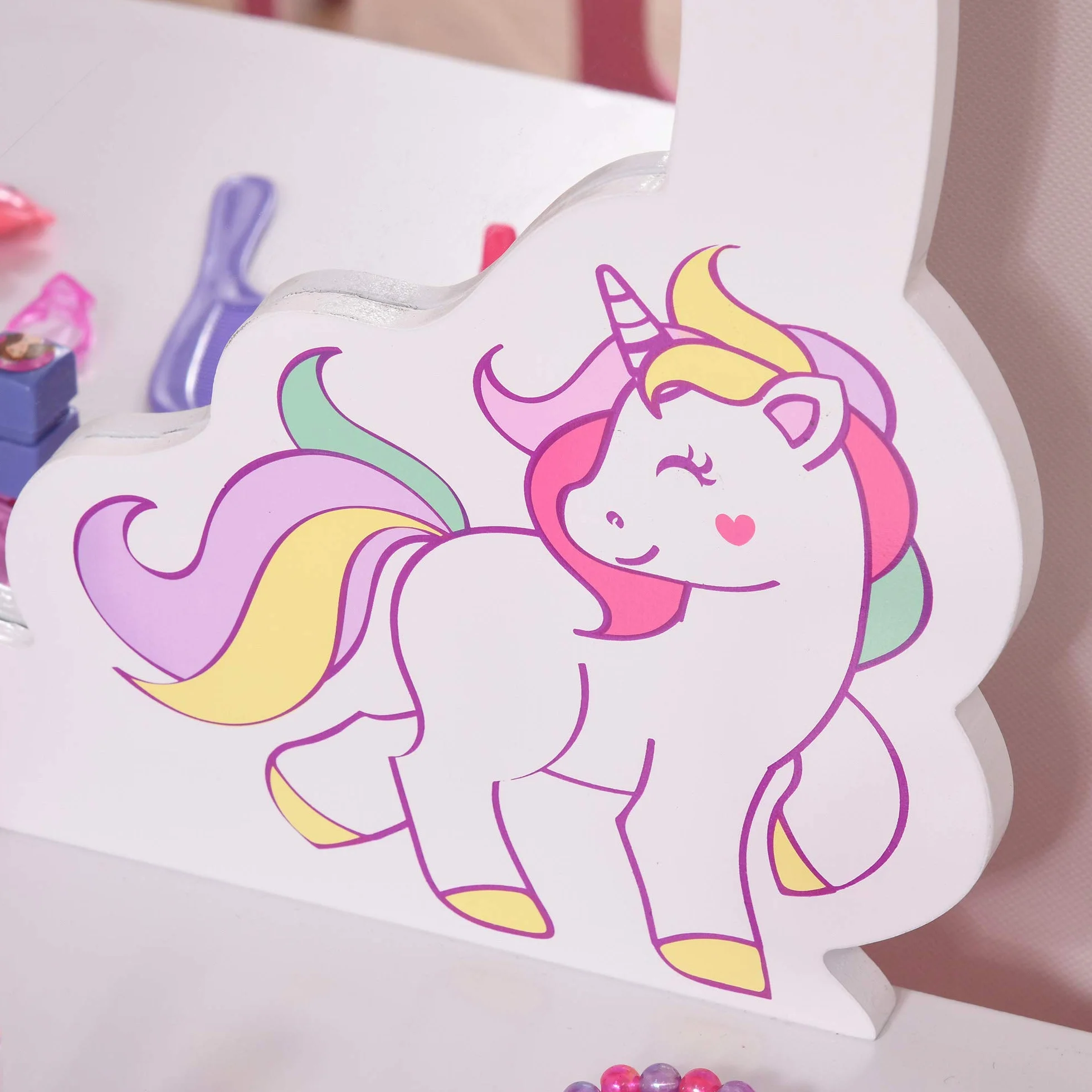 HOMCOM Specchiera Giocattolo Toeletta con Cassetto e Sgabello in Legno, Giochi per Bambine 3-6 Anni Rosa e Bianco