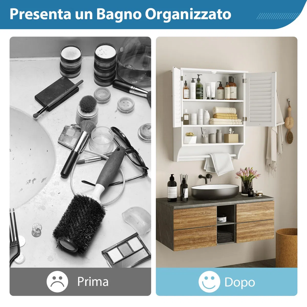COSTWAY Armadietto da Bagno Sospeso, Armadietto da Parete con 2 Ante, con Ripiano Regolabile in 3 Posizioni e Barra Porta Asciugamani, 60x22x75 cm (Bianco)