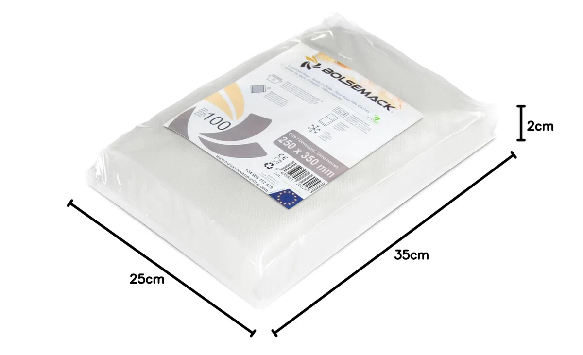 BOLSEMACK Sacchetti Sottovuoto Alimenti 100 Buste 25x35cm - Buste Sottovuoto Alimenti per Macchine Sottovuoto - Sacchetti per Sottovuoto per la Conservazione Degli Alimenti - Senza BPA