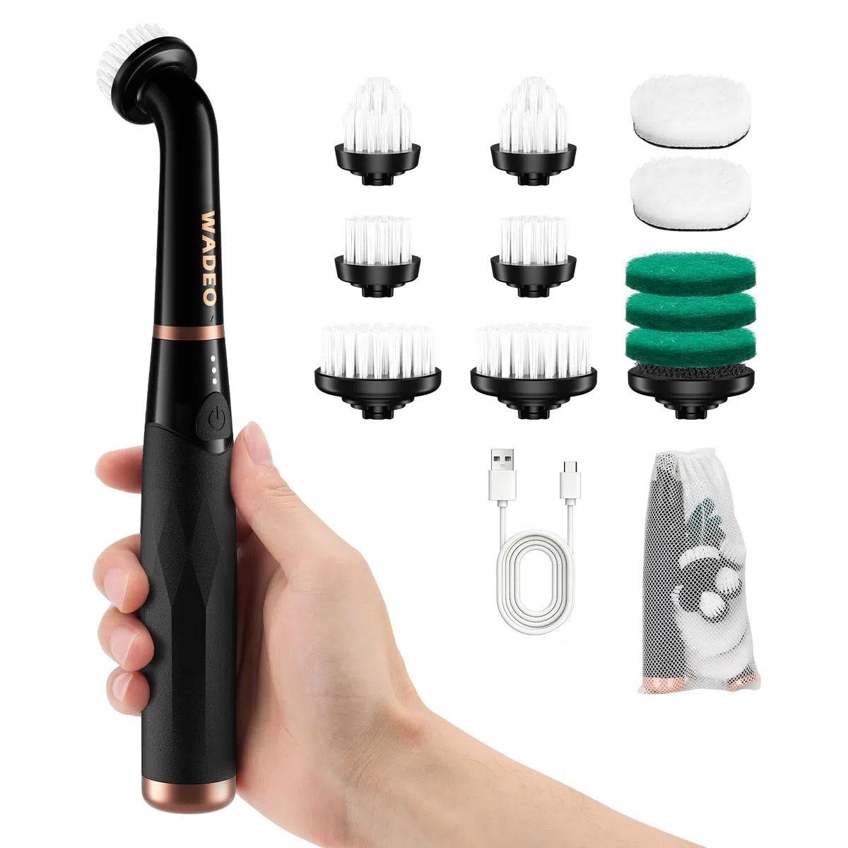 WADEO Piccola Spazzola Ricaricabile per Crepe e Piastrelle, [2600mAh] [11 Testine] 3 Velocità, IPX7 Impermeabile, Spazzola Elettrica per Bagno, Cucina, Lavandino, Vasca, Pavimento