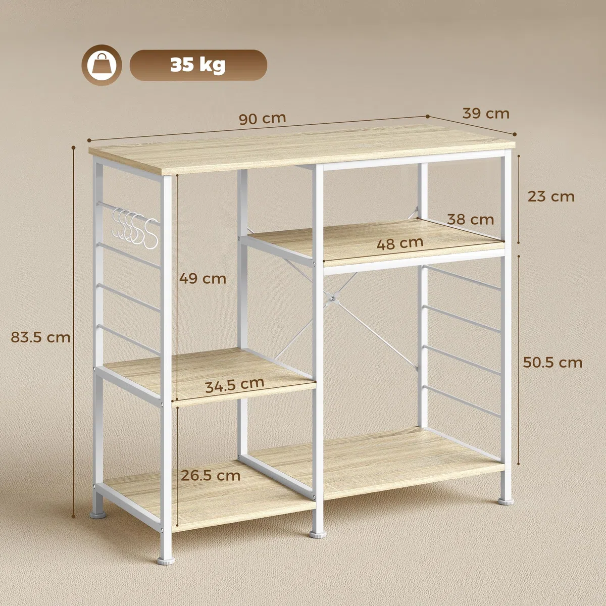 HOMCOM Scaffale Cucina con Ripiani, Scaffale Portaoggetti Salvaspazio in Legno e Metallo con 5 Ganci a S e Piedini Regolabili, per Spezie, Pentole e Padelle, 90x39x83.5 cm, Rovere