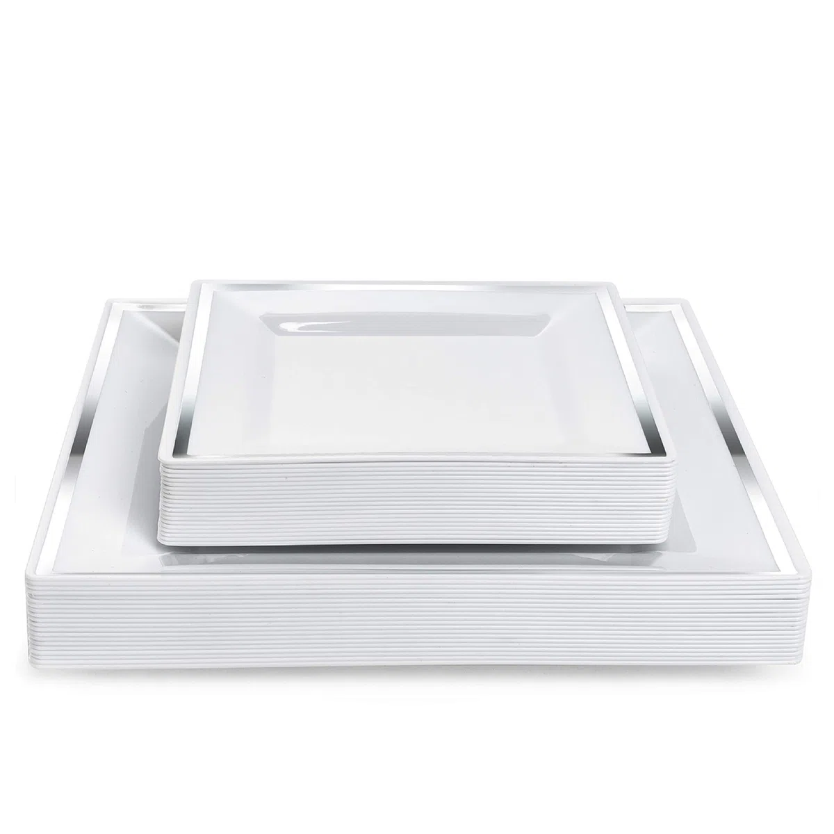 Matana 40 Piatti Quadrati in Plastica Bianca Premium con Bordo Argento - 2 Misure: 20 x 24cm, 20 x 16,5cm - Eleganti, Resistenti e Riutilizzabili - Matrimoni, Compleanni, Natale, Barbecue, Feste