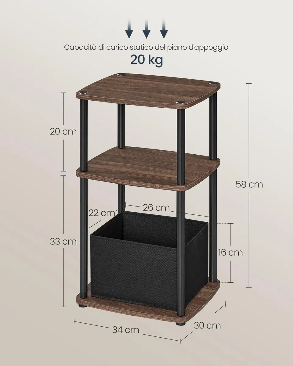 SONGMICS HOME Tavolino, Comodino, 3 Ripiani, Cestino in Tessuto, per Camera da Letto, Soggiorno, Struttura in Acciaio, 30 x 34 x 58 cm, Moderno, Noce Naturale LET286K01
