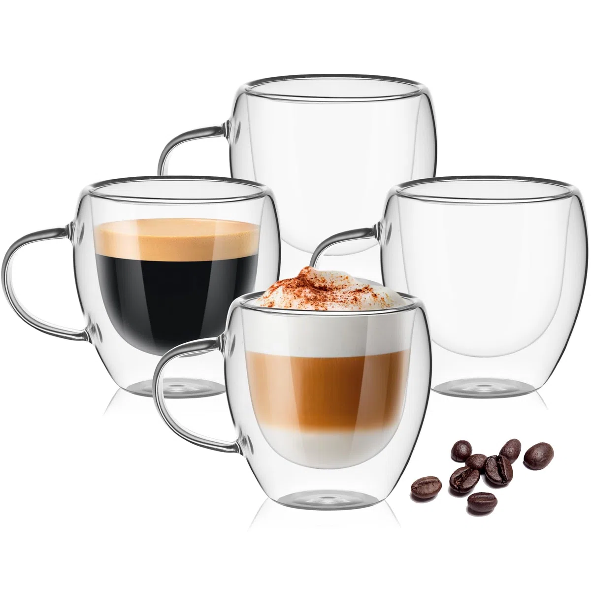 Confezione da 4 tazze espresso, 80 ml, tazze da caffè espresso con manici, bicchiere da caffè in vetro a doppia parete, tazze in vetro isolante