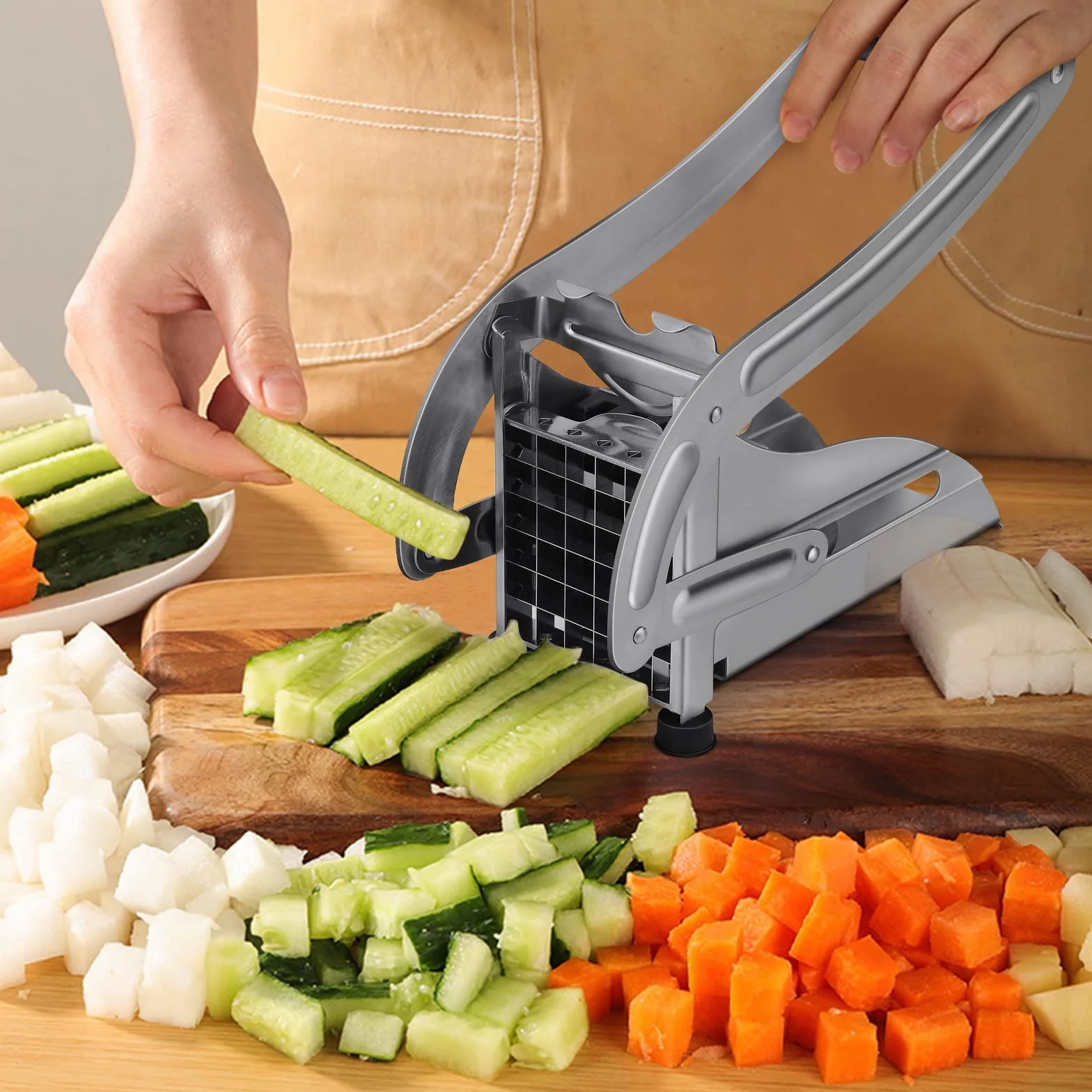 Tagliapatate Professionale Acciaio Inox Taglia Patate Fritte con 2 Lame Intercambiabili Sminuzzapatate Cippatrice per Cipolla Carota Frutta Patata Cetrioli