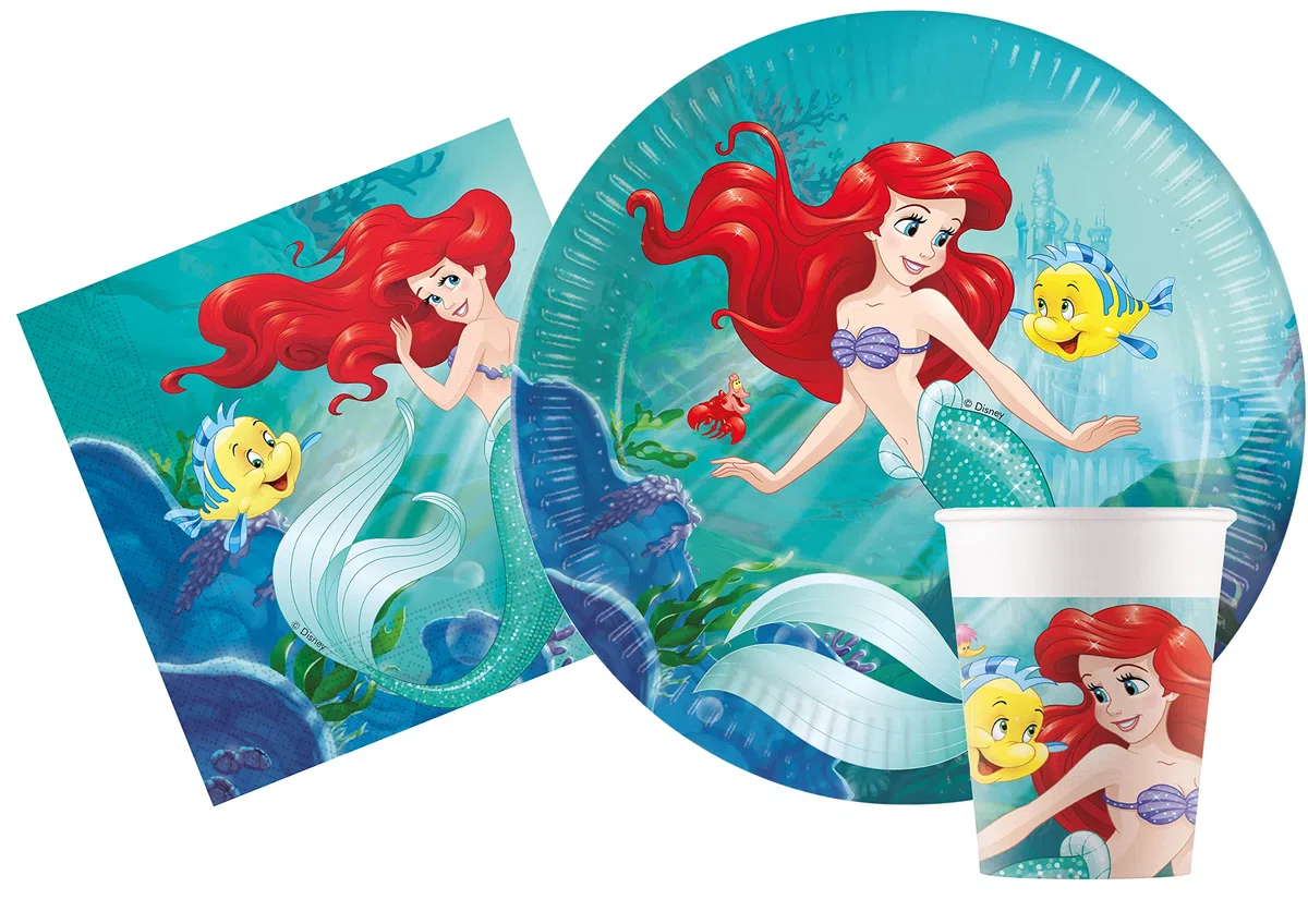 Kit Party Tavola Disney Princess Ariel Little Mermaid la Sirenetta per 24 persone (88 pezzi: 24 piatti Ø23cm, 24 bicchieri 200ml, 40 tovaglioli 33x33cm) in carta FSC compostabile eco-friendly