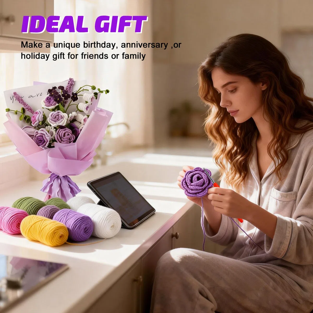 BoloShine Kit Uncinetto per Principianti, Rose e Bouquet Kit All'uncinetto Kit di Partenza con Video di Lstruzioni, Arredamento Creativo per la Casa, Regalo di Compleanno Ideale per Mamma e Sorelle