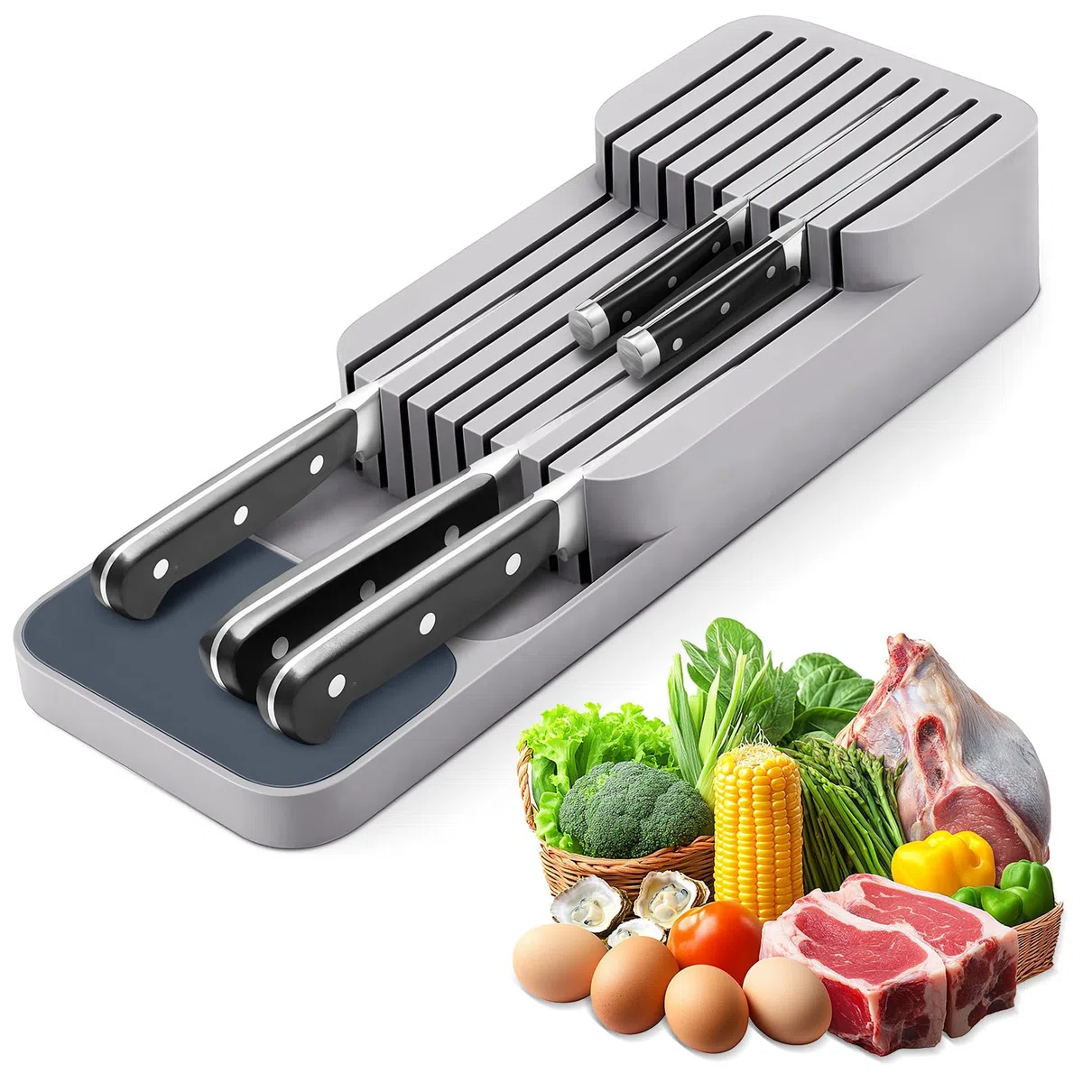 Cassetto per Coltelli,Ceppo Portacoltelli Senza Coltellis,Contenitore Porta Coltellis Chef,Posto per 9 Coltelli,per Una Facile Pulizia,per Cassetti, Piano di Lavoro, Cucina,Ufficio(Grigio)