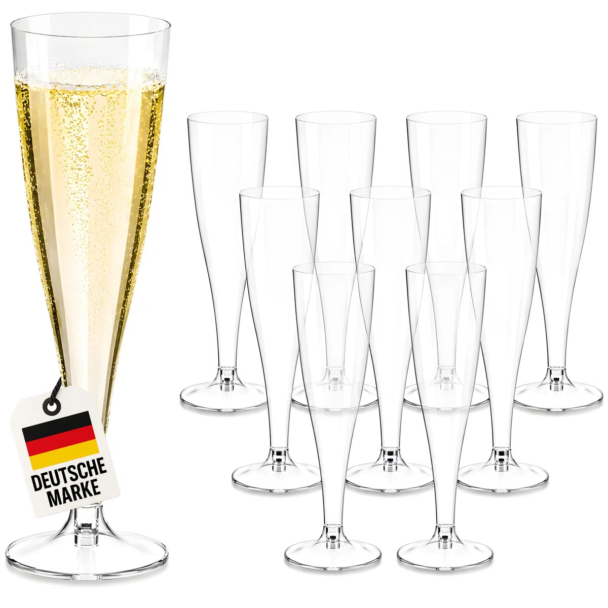 WELLGRO Set di bicchieri da spumante in plastica, 100 ml, con tacchetta, senza BPA, riutilizzabili, per champagne, prosecco, quantità: 30 pezzi