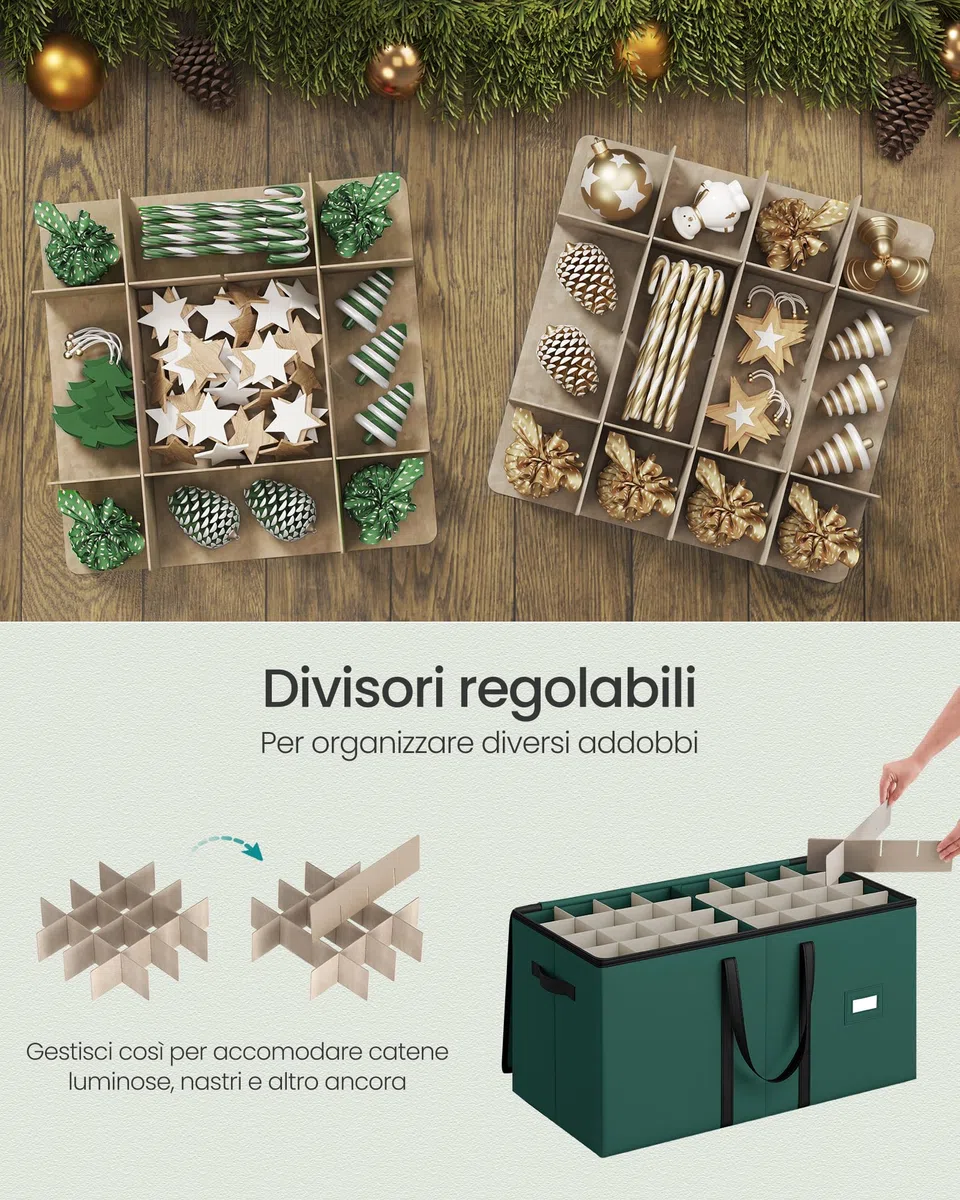 SONGMICS Contenitore per Palline di Natale, 128 Scomparti da 7,6 cm, Scatola Impilabile Decorazioni Natalizie con Coperchio, Doppia Cerniera Lampo, Divisori Regolabili, Verde Foresta RFB039C01
