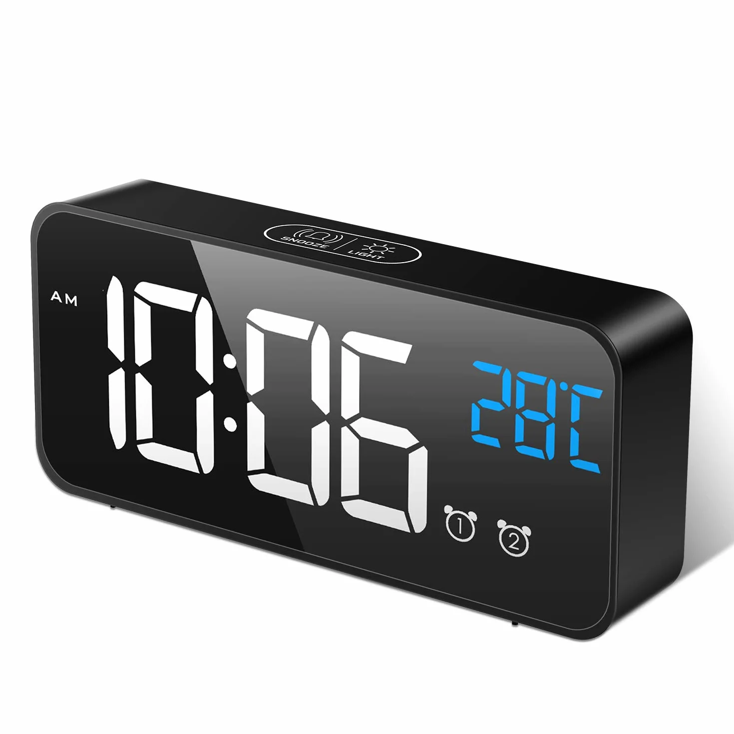 MOSUO Sveglia Digitale, Sveglia da Comodino con Temperatura e LED Grande Schermo, Orologio a Specchio con 2 Allarme, Snooze, Suoni e Luminosità Regolabile, Controllo Vocale, USB Ricaricare, Nero
