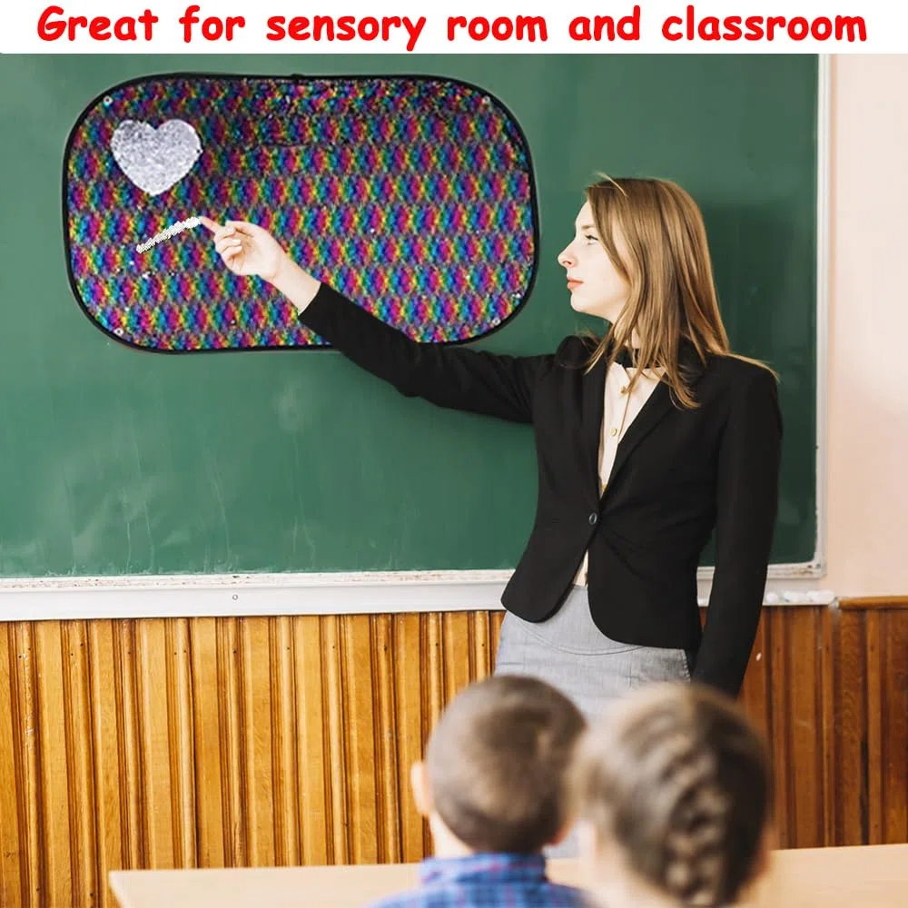Paillettes reversibili fai da te decorazione da parete sensoriale divertente giocattolo scoperta apprendimento con custodia da viaggio per bambini 40 x 27 pollici (non incluso 6 stencil)