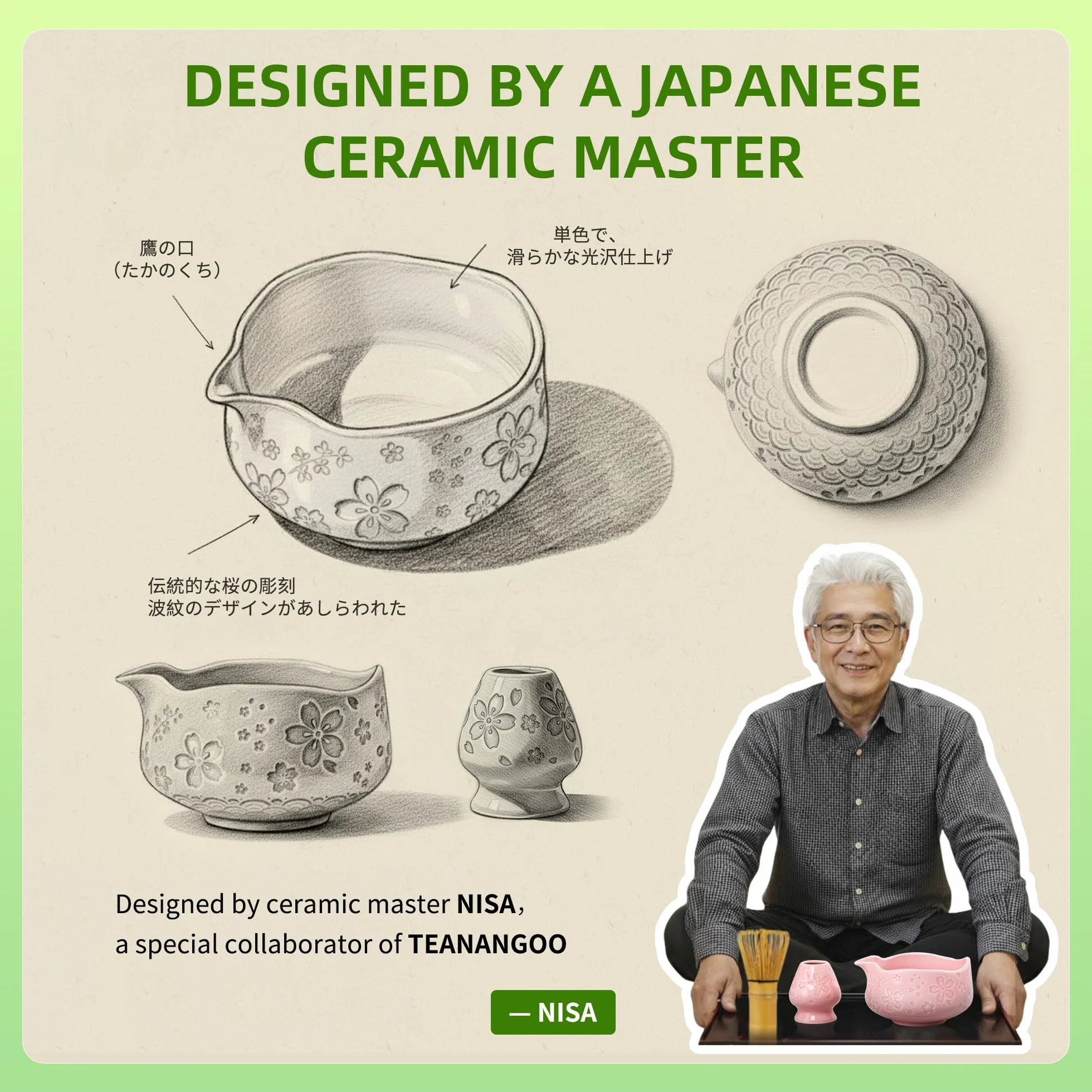 TEANAGOO Set di 7 fruste rosa Matcha con design a fiori di ciliegio, kit completo per cerimonia, ciotola Chawan in ceramica con beccuccio, frusta e accessori, set da tè matcha tradizionale per latte