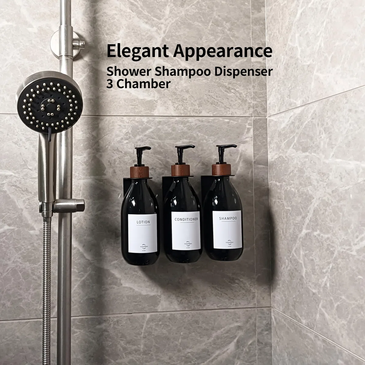 Dispenser per shampoo e balsamo, dispenser per shampoo per parete doccia con 16 etichette impermeabili, dispenser per doccia a 3 camere senza trapano, dispenser di sapone da doccia a parete per