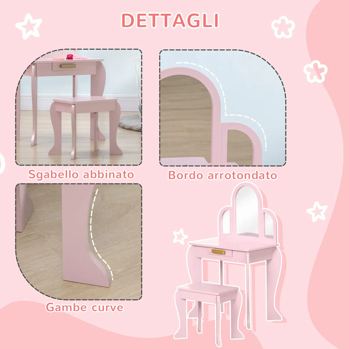 HOMCOM Tavolo per Trucco per Bambine 3-6 Anni con Sgabello, Cassetti e Specchio Coordinato in Acrilico, in MDF e Legno di Pino, Rosa