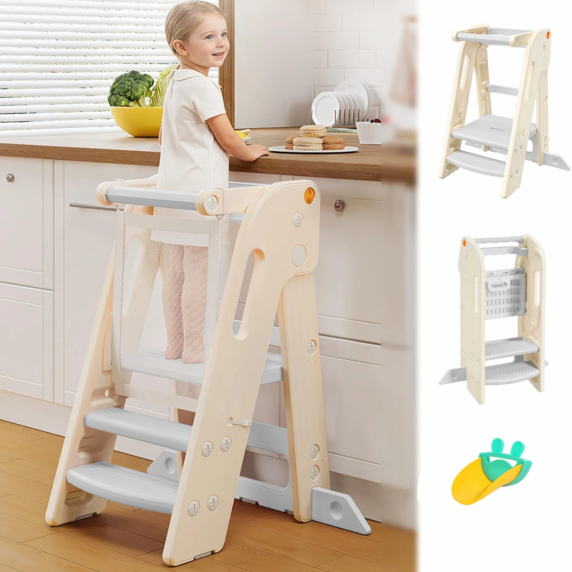 Torre Montessoriana Pieghevole per Bambini, Sgabello a gradini regolabile in altezza per bambini (2–3 livelli), Learning Tower con Barra di Sicurezza, per Bancone Cucina Lavandino Bagno (Bianco)