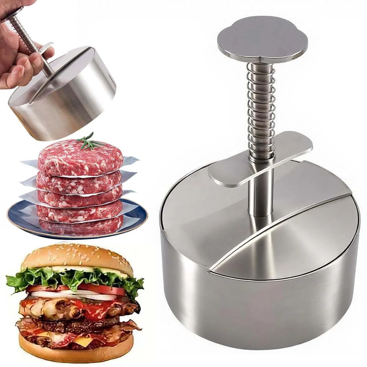 Pressa per Burger & Smash Burger Press in Acciaio Inox, qualità Alimentare 304, Pressa Regolabile e Antiaderente, Anche Come Padellino per Casa, Campeggio e Barbecue